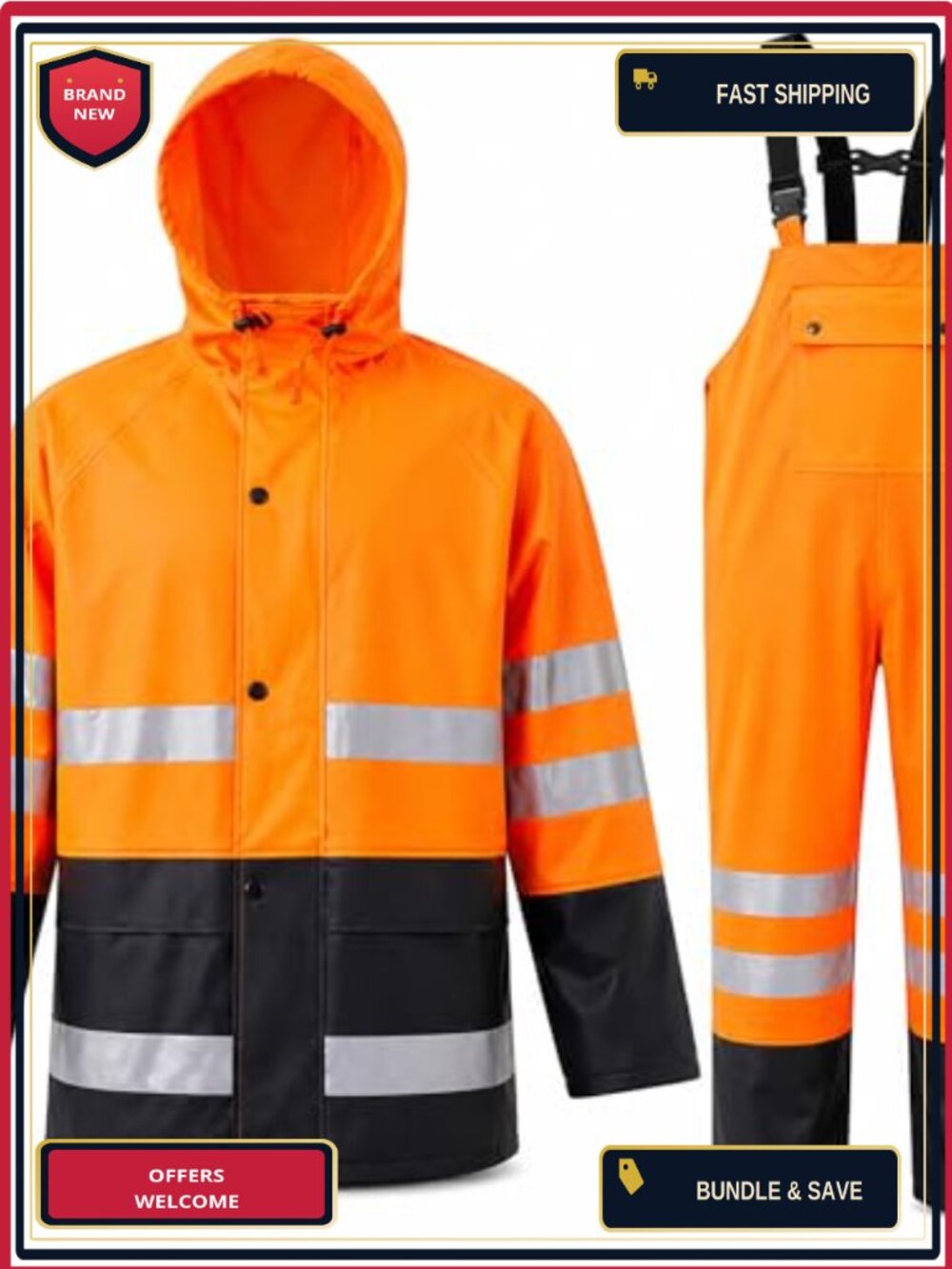 Waterproof Heavy Duty Rain Suit Jacket & Pants Reflective Outdoor Work Fishing